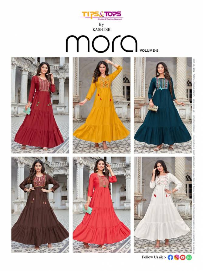 MORA Vol 5 New Designer Fancy Festive Wear Heavy Rayon Long Anarkali  Kurti Collection